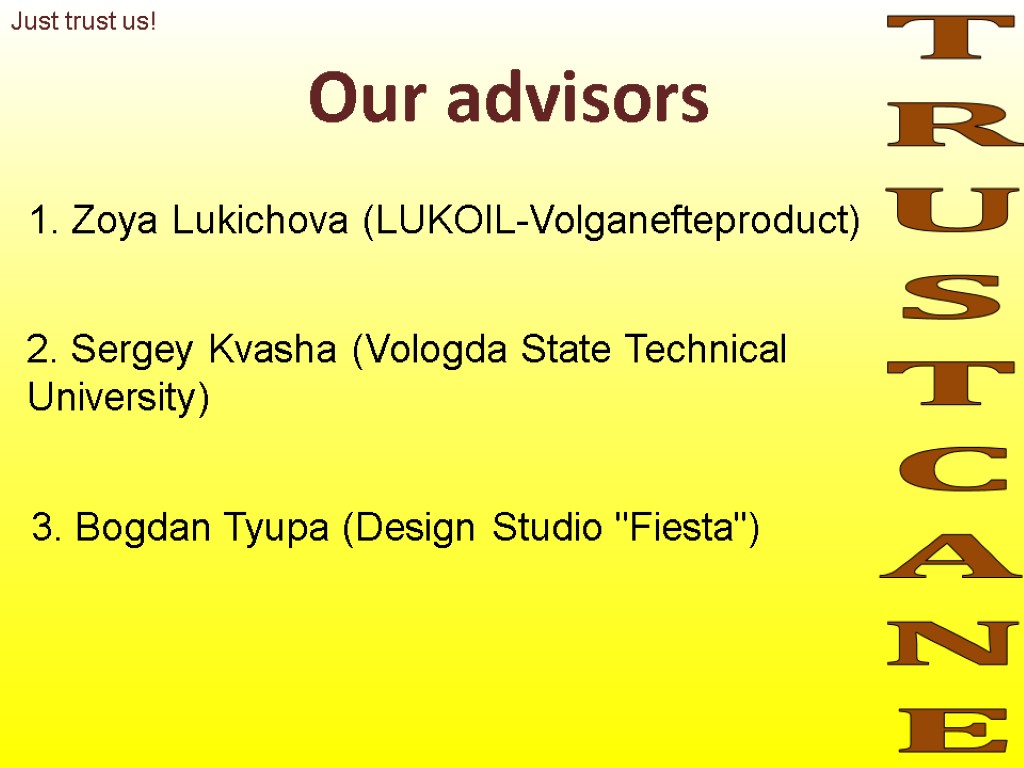 Our advisors TRUSTCANE 1. Zoya Lukichova (LUKOIL-Volganefteproduct) 3. Bogdan Tyupa (Design Studio 